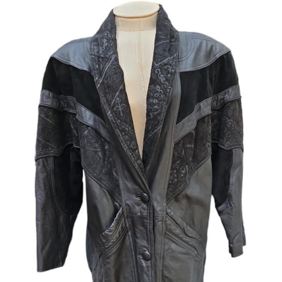 VTG Outbrook Black Leather & Suede Long Trench Coat Sz M Women's - Picture 10 of 10